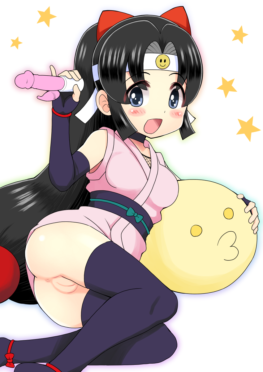 1girls anus black_eyes black_hair clothing dildo female highres ninin_ga_shinobuden no_panties onsokumaru pussy shinobu_(ninin_ga_shinobuden) stockings