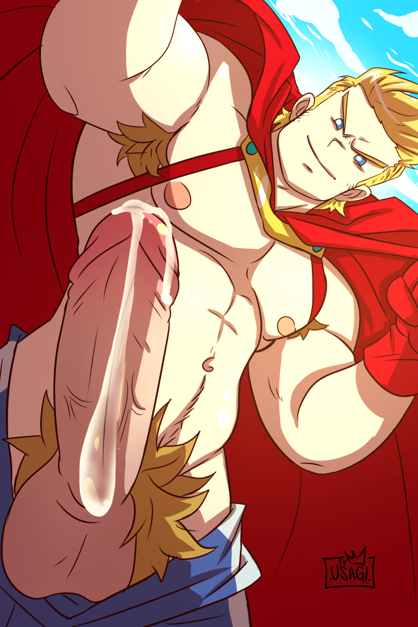 1boy armpit_hair balls bara barazoku big_balls big_penis blonde_hair clothing cum cum_drip cum_dripping_from_penis erection genital_fluids looking_at_viewer male male_nipples male_only male_pubic_hair mirio_togata muscular_male my_hero_academia nipples penis usagi_(artist)