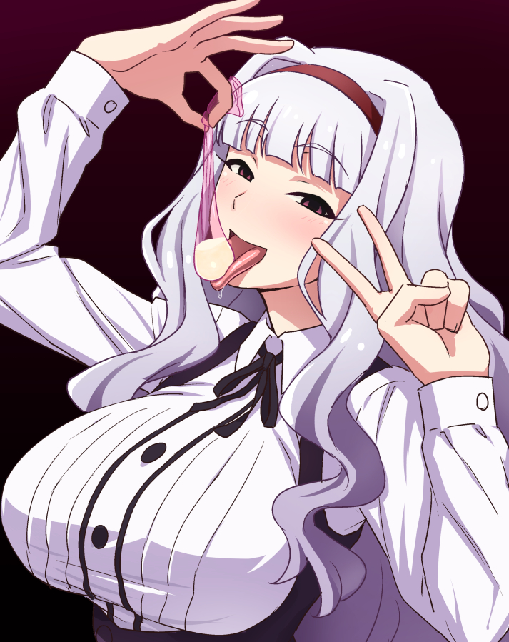 bangs, black ribbon, blank eyes, blunt bangs, blush, collared shirt, condom, cum, eyebrows visible through hair, female, gradient, gradient background, hairband, half-closed eyes, hands up, holding, holding condom, idolmaster, licking condom, long hair, long sleeves, looking at another, neck ribbon, open mouth, red background, red hairband, ribbon, shijou takane, shirt, solo, tedain, tongue, tongue out, upper body, used condom, used condom in mouth, v, white hair, white shirt, wing collar
