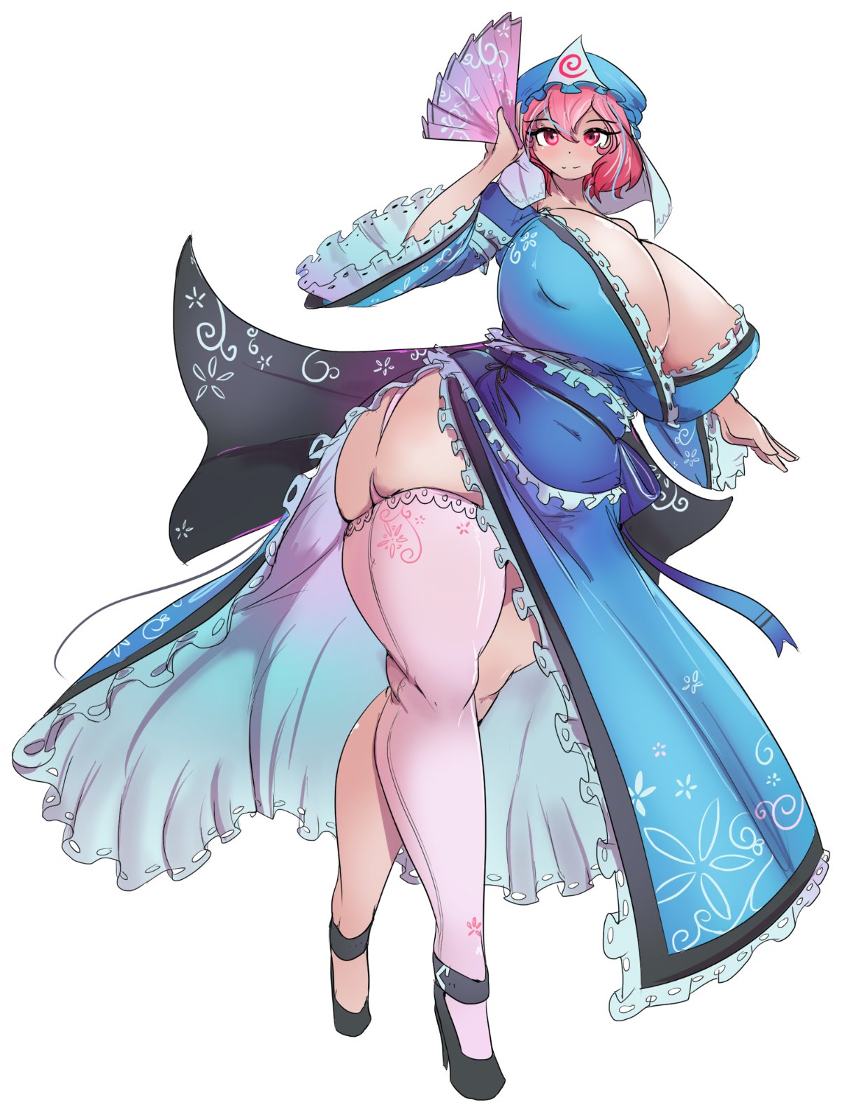 1girls asymmetrical_legwear blue_kimono chubby cleavage female female_only ghost ghost_girl greenm huge_breasts japanese_clothes kimono looking_at_viewer nipple_bulge paper_fan pink_eyes pink_hair short_hair tagme thick thick_thighs touhou yuyuko_saigyouji