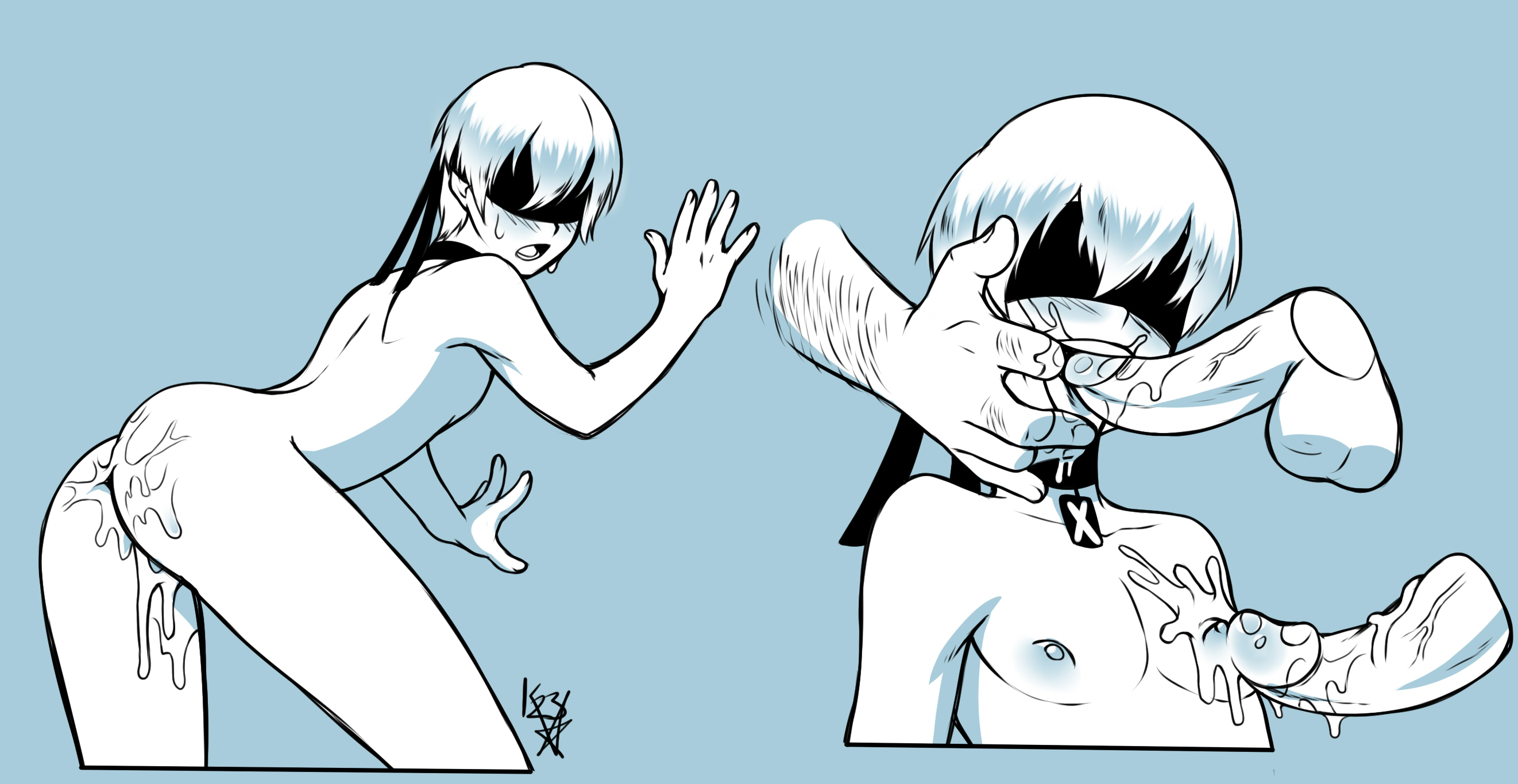 4boys, ahe gao, ass, blindfold, cherrypicmilk, collar, cum, cum in ass, cum on ass, cum on face, cum on upper body, femboy, finger in mouth, girly, male, male focus, male only, nier: automata, source request, trap, yaoi, yorha 9s