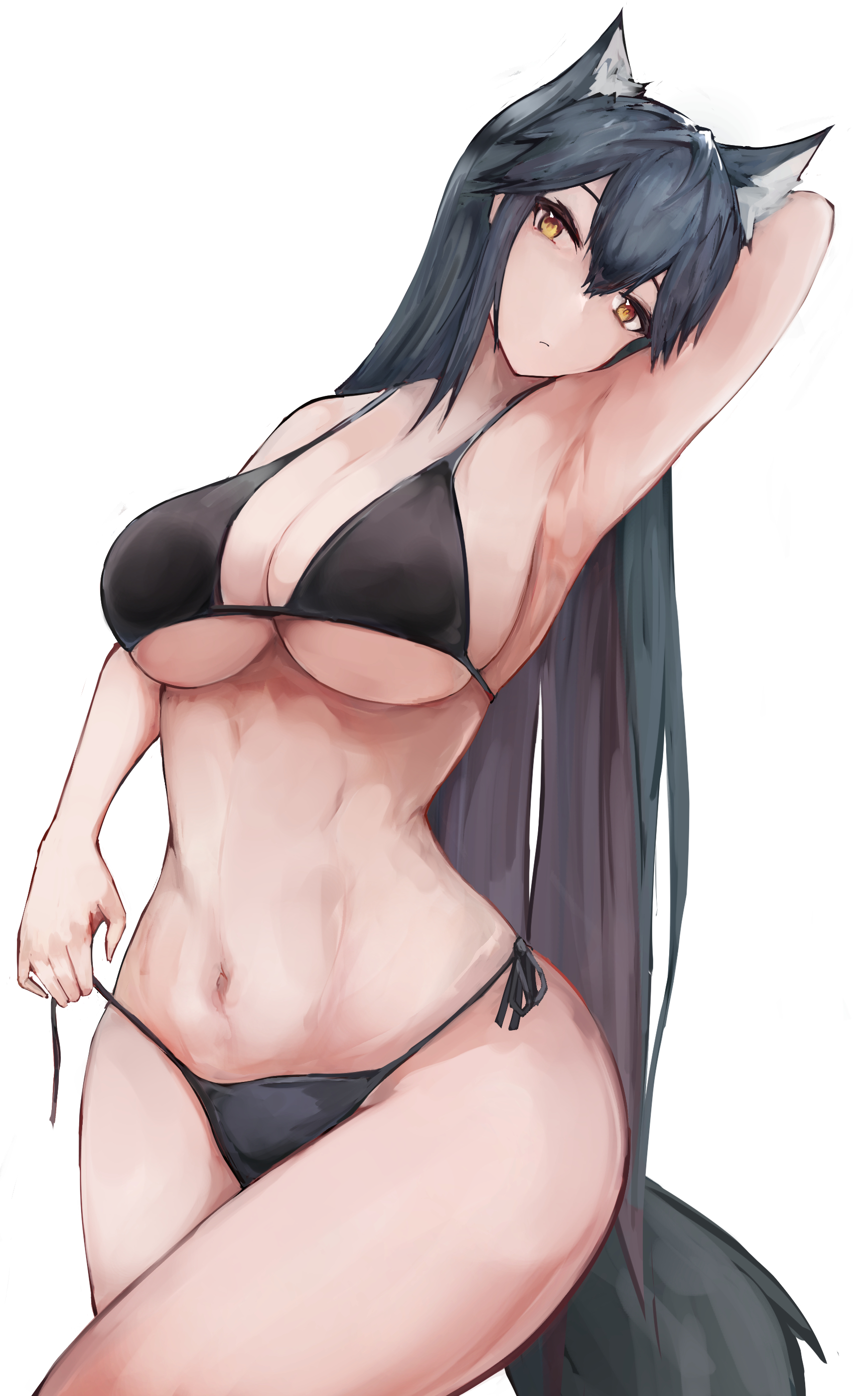 1girls, 2024, animal ears, arknights, arm up, armpits, belly, big breasts, black hair, bra, breasts, female, hi res, kemonomimi, light skin, light-skinned female, long hair, panties, simple background, solo, stab623, tail, texas (arknights), underwear, wolf ears, wolf girl, wolf tail