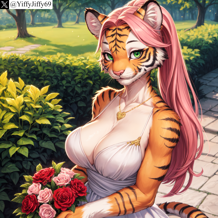 1girls ai_generated animal_ears artist_name bare_shoulders bouquet breasts bush cleavage collarbone day dress female flower furry furry_female green_eyes heart holding jewelry large_breasts long_hair looking_at_viewer necklace outdoors pink_flower pink_hair pink_rose ponytail red_flower red_rose rose solo stable_diffusion tail tiger_ears tiger_girl tiger_tail tree twitter twitter_username watermark white_dress yiffyjiffy69