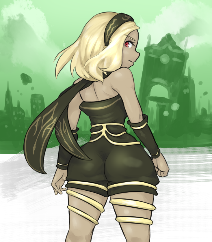 ass back big_ass blonde_hair clothed gravity_daze gravity_rush green_background hairband headwear kat_(gravity_rush) legs legwear looking_back red_eyes scarf short_hair tan-skinned_female tan_body tan_skin tanned tanned_female tanned_skin thick