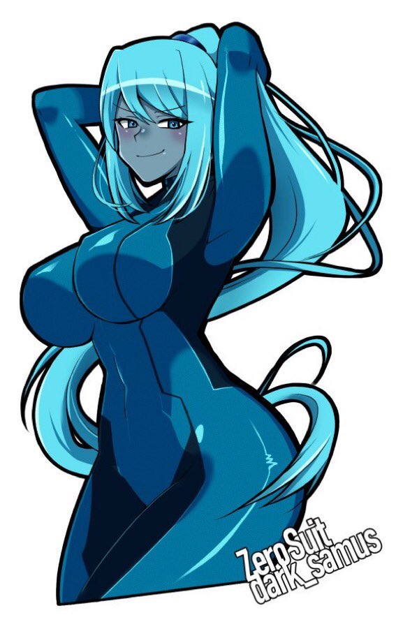 breasts dark_samus female iriomote_umineko large_breasts light_blue_hair looking_at_viewer metroid nintendo ponytail smile solo tagme zero_suit zero_suit_dark_samus