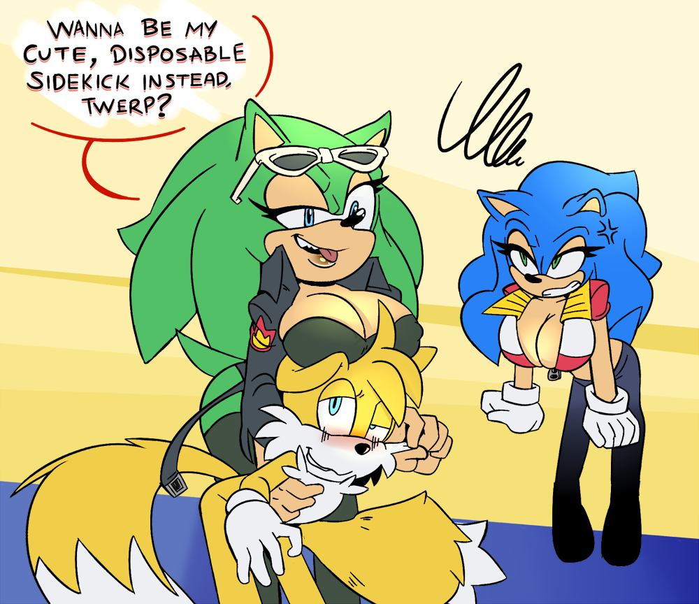 1boy 2girls angry big_breasts bimbo blush boob_hat breasts busty canine cleavage cuisine domination dual_persona english_text female femdom fox hedgehog jealous mammal missphase rule_63 scourge_the_hedgehog sonic_(series) sonic_the_hedgehog sonique_the_hedgehog tails text voluptuous