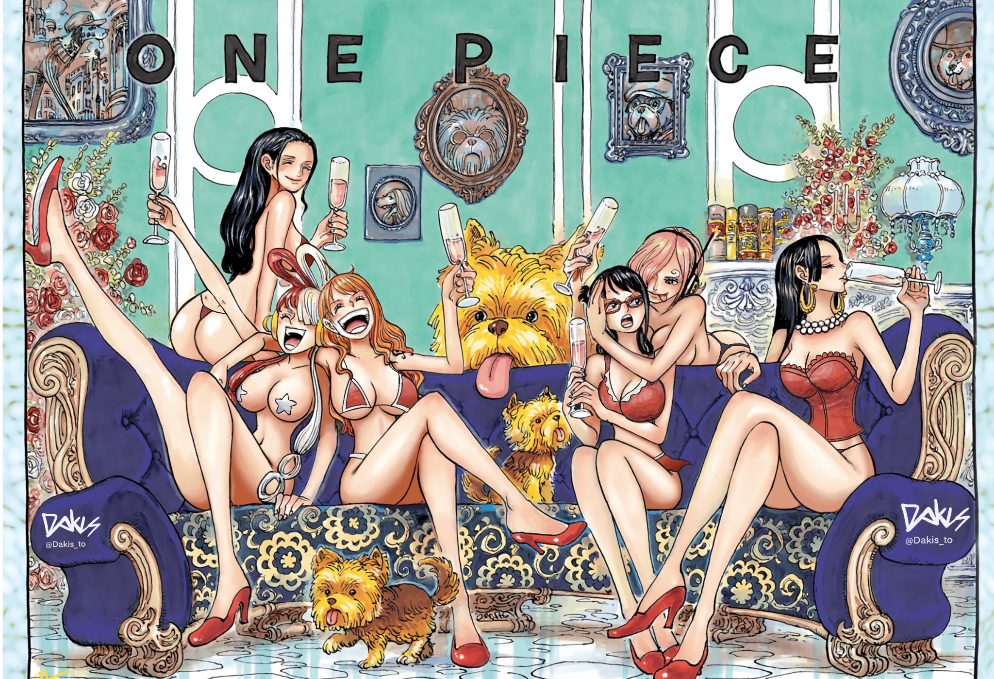 6girls, arm tattoo, bikini bottom, bikini top, black hair, black-haired female, boa hancock, female, female focus, female only, laugh, laughing, multiple females, multiple girls, nami (one piece), nico robin, nude, nude female, one piece, orange hair, orange-haired female, pink hair, pink-haired female, post-timeskip, red hair, red-haired female, tashigi, tattoo, third-party edit, tongue, tongue out, two-tone hair, uta (one piece), vinsmoke reiju, white hair, white-haired female, wine, wine glass