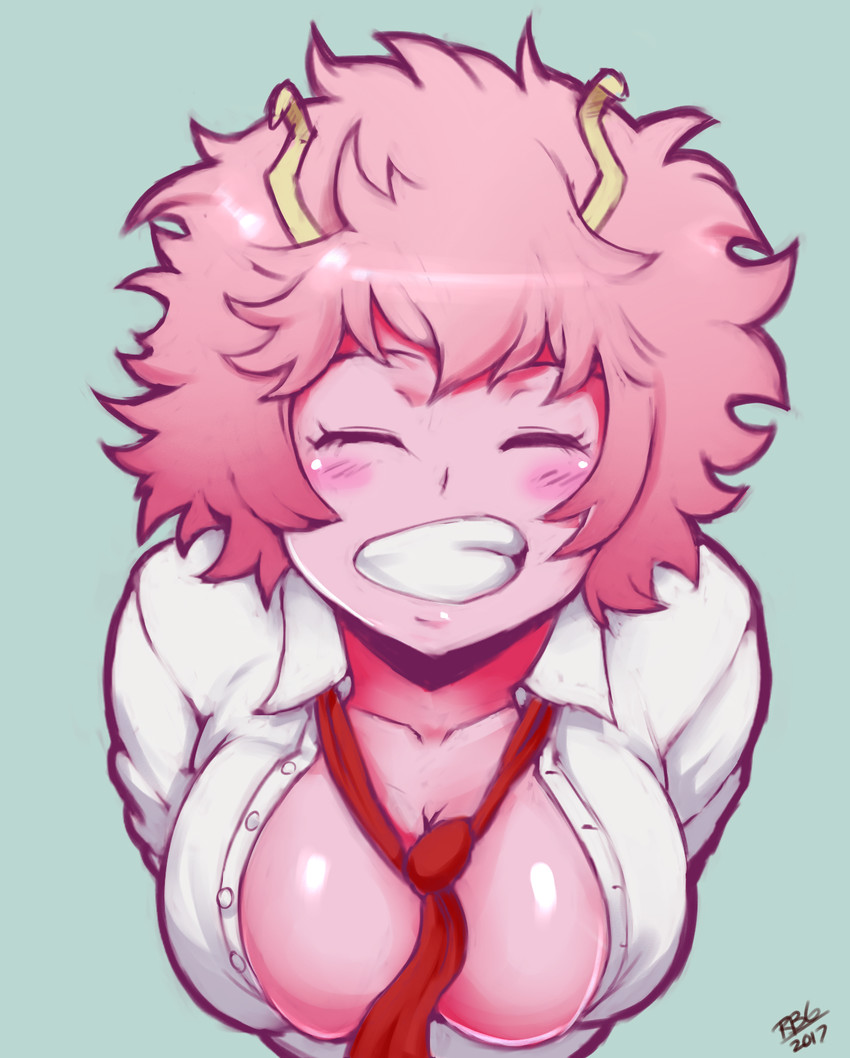 1girls, 2017, between breasts, big breasts, blush, breasts, busty, cleavage, closed eyes, drawn, female, female only, large breasts, mina ashido, my hero academia, no bra, pink hair, pink skin, pink-haired female, randomboobguy, red tie, school uniform, smile, solo, tagme, teeth, tie, u.a. school uniform, unbuttoned, uncensored