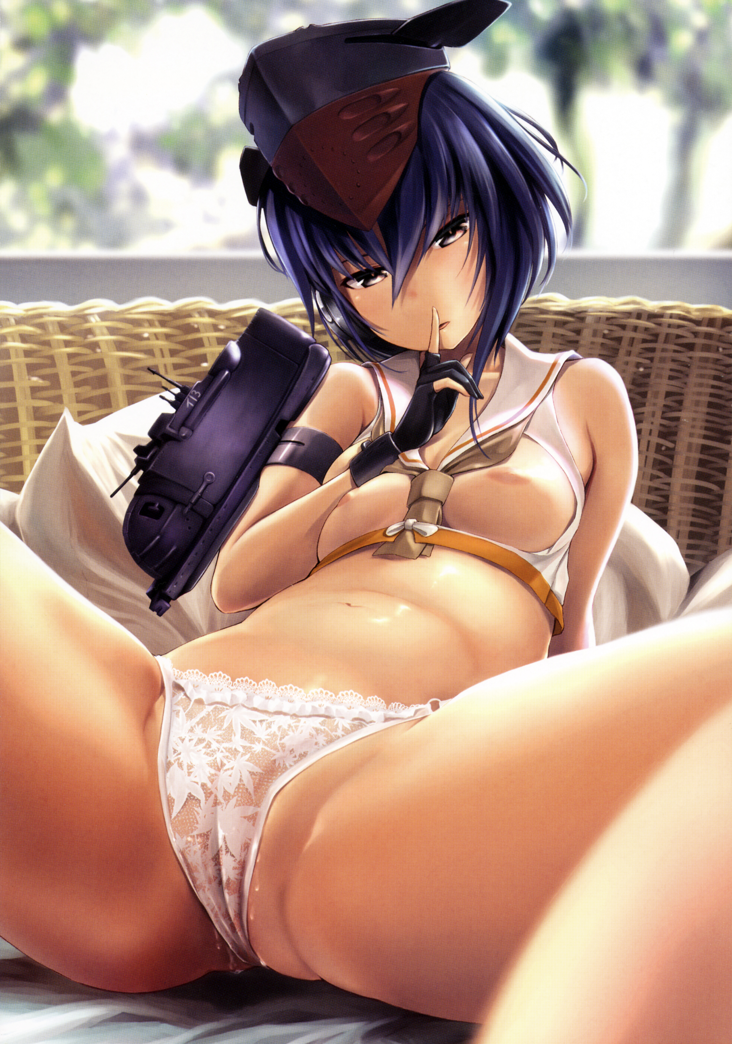 10s, absurdres, black hair, blurry, blush, breasts, brown eyes, cameltoe, character name, crop top, depth of field, female, finger to mouth, framed breasts, frills, highres, i-13 (kantai collection), index finger raised, inverted nipples, kantai collection, lingerie, looking at viewer, lying, navel, nipples, on back, panties, pussy, pussy juice, sailor collar, scan, shushing, sleeveless, small breasts, solo, spread legs, underwear, wa (genryusui), white panties