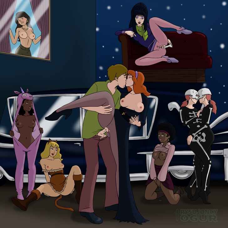 1boy 8girls black_hair breasts car clothing daphne_blake dark_skinned_female elvira female hanna-barbera human kissing male male/female multiple_girls penis_in_pussy red_hair rysujoncyogur scooby-doo shaggy_rogers straight straight_sex yuri