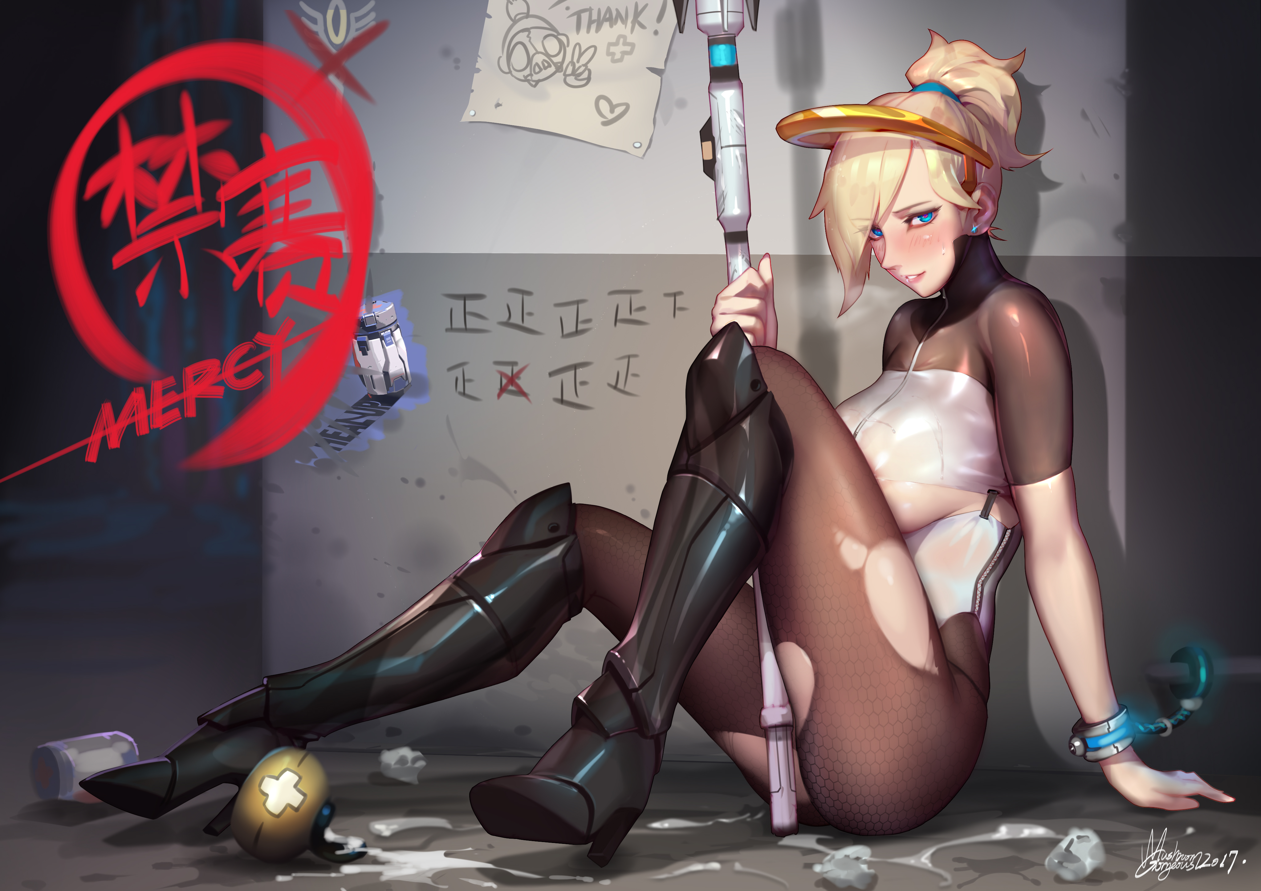 absurdres, big breasts, blonde hair, blue eyes, blush, breasts, cleavage, female, female only, gorgeous mushroom, highres, large breasts, looking at viewer, mercy, overwatch, solo