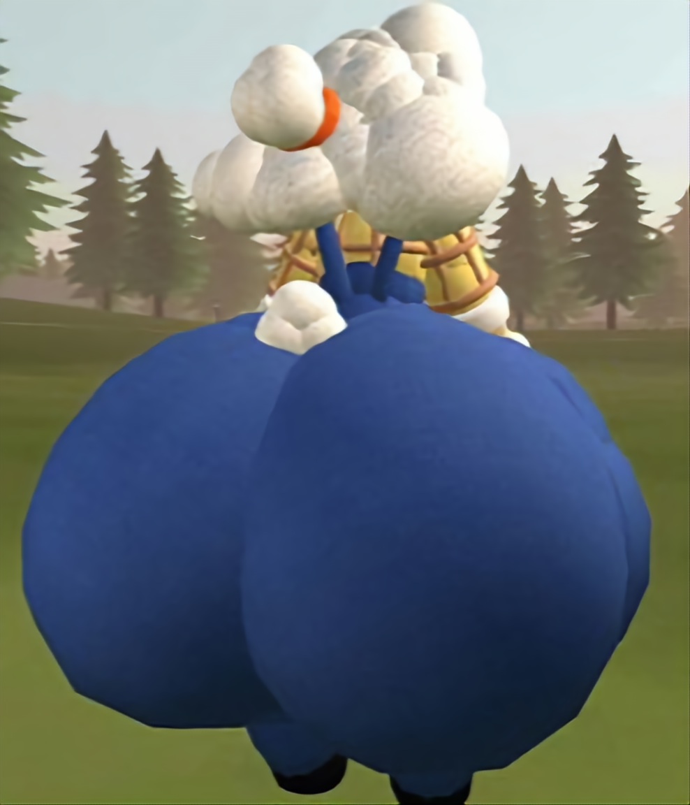 bandage big_ass big_thighs black_eyes black_mouth blue_pants bubble_ass bubble_butt chili_(arthurclaws) elchilenito forest fur green_ground overalls rec_room sheep sheep_ears thick_ass thick_thighs trees weirdmaker43 white_hair white_skin yellow_shirt