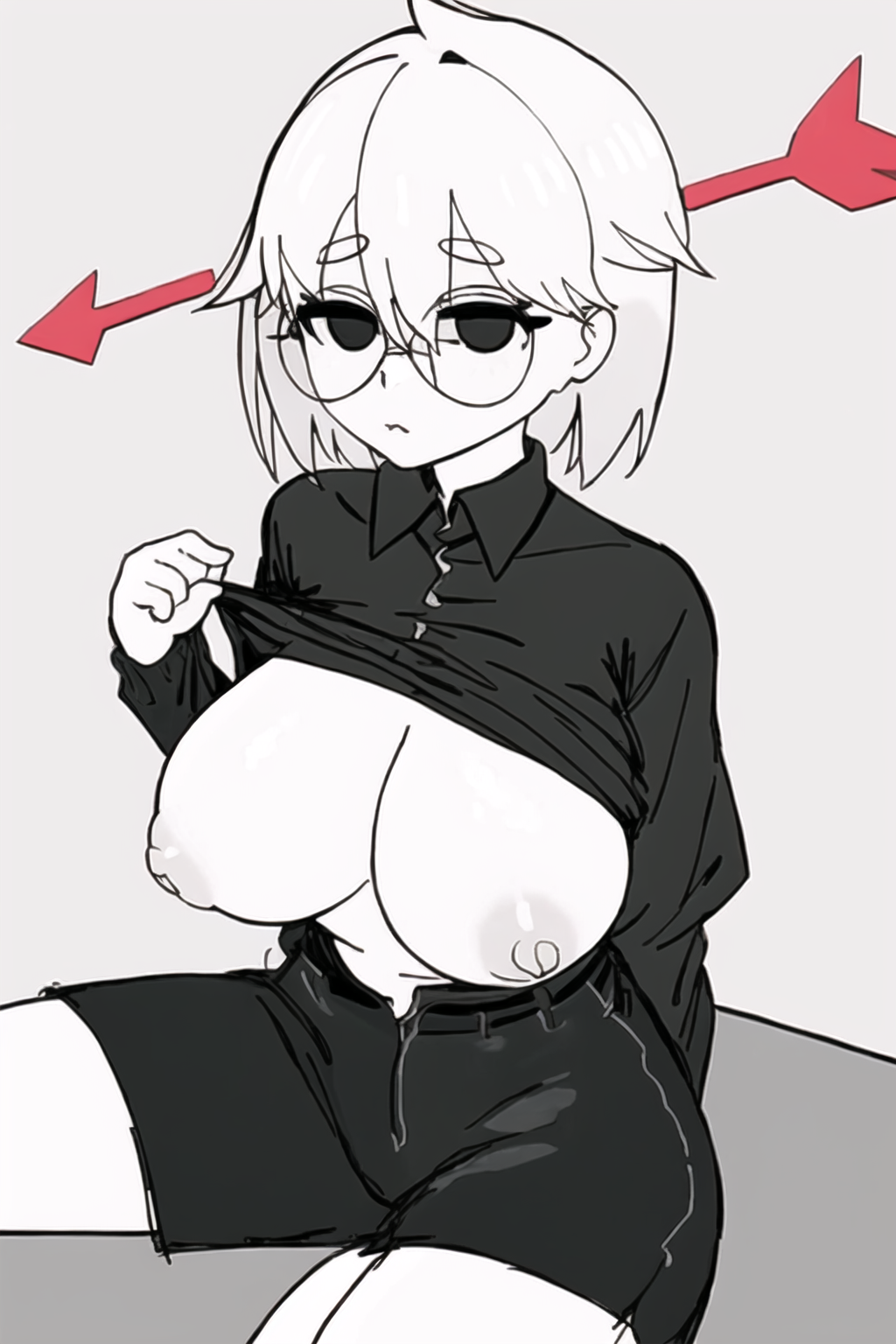 1girls :< ai_generated arrow_in_head black_eyes black_shirt black_shorts breasts emotionless expressionless flat_colors glasses gray_nipples highres large_breasts lifted_by_self light_skinned_female looking_at_viewer monochrome offscript puffy_nipples shirt_lift short_hair simple_coloring sitting solo stable_diffusion white_hair white_skin