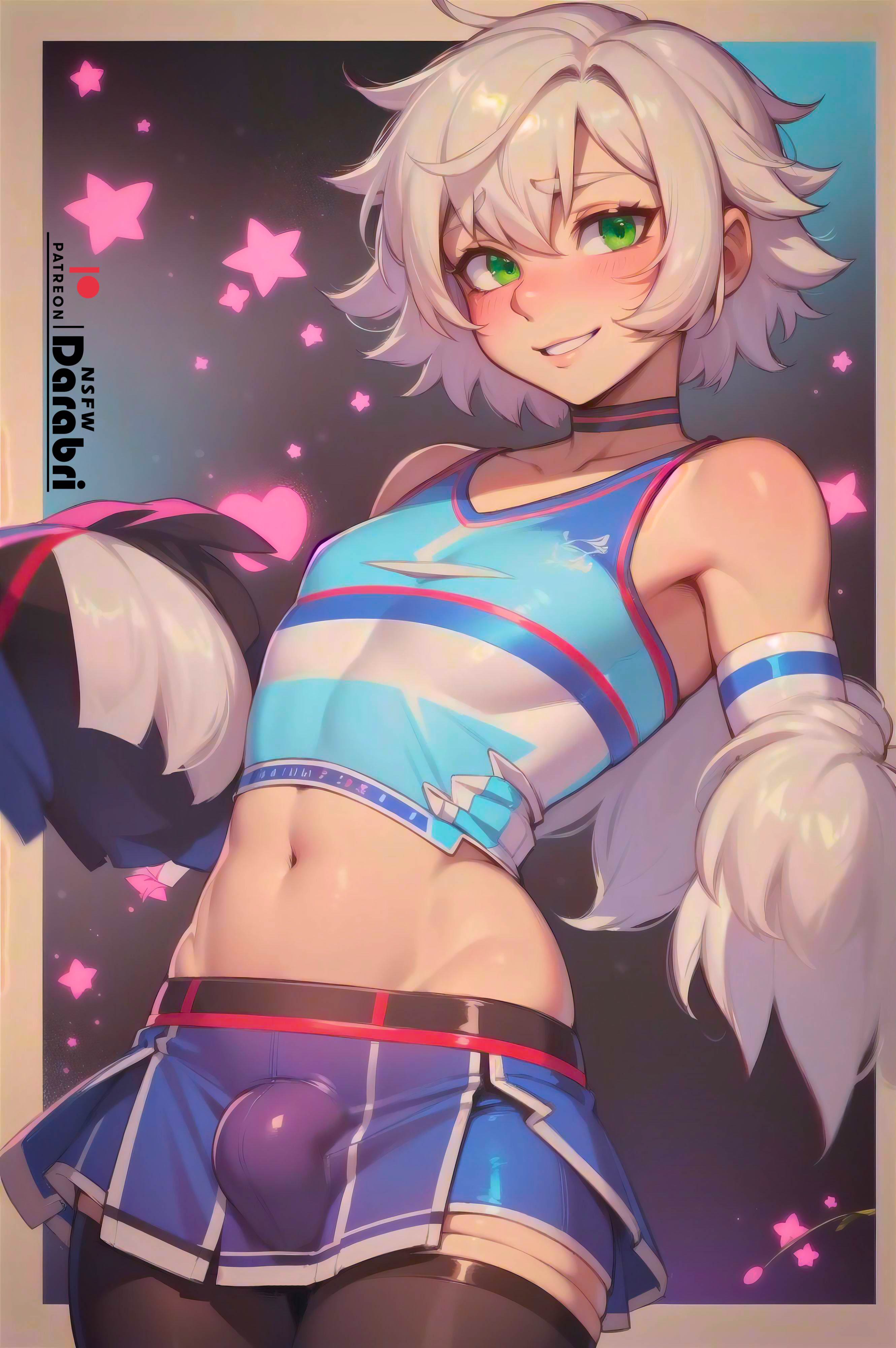 1boy, abstract background, absurd res, ai generated, bare shoulders, blush, bulge, bulge through clothing, cheerleader, cheerleader outfit, cheerleader uniform, collar, colored, cro top, cute, darabri, detailed, femboy, feminine male, frilled skirt, girly, green eyes, lips, logo, looking at viewer, male, midriff, navel, open smile, otoko no ko, pale skin, patreon, patreon logo, pov eye contact, short hair, skirt, solo, solo focus, stockings, teeth, trap, white hair