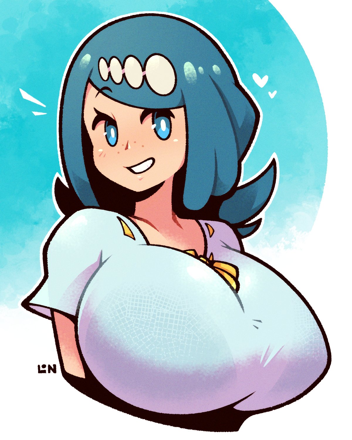 1girls big_breasts blue_eyes blue_hair breasts bust bust_portrait clothed_female creatures_(company) dark_blue_hair female game_freak highres huge_breasts lana's_mother_(pokemon) large_breasts legendofnerd looking_at_viewer milf nintendo pokemon pokemon_sm shirt smile smiling solo solo_female teeth upper_body white_outline