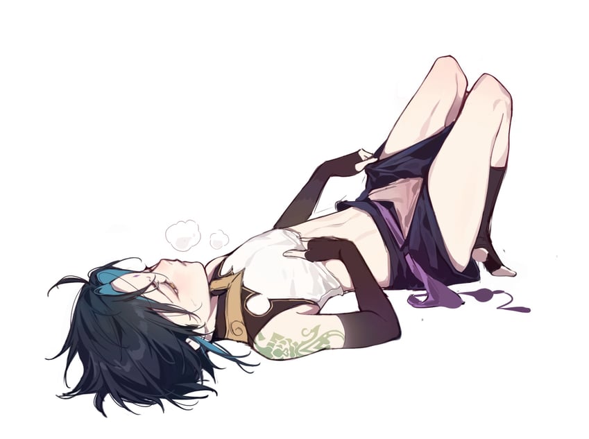 1boy, 1femboy, arm gloves, blue hair, exposed stomach, exposed thighs, femboy, genshin impact, gloves, lifting shirt, male, male only, multicolored hair, pale skin, panting, skinny, solo male, tagme, tattoo, tattooed arm, twink, xiao (genshin impact), yaoi, young