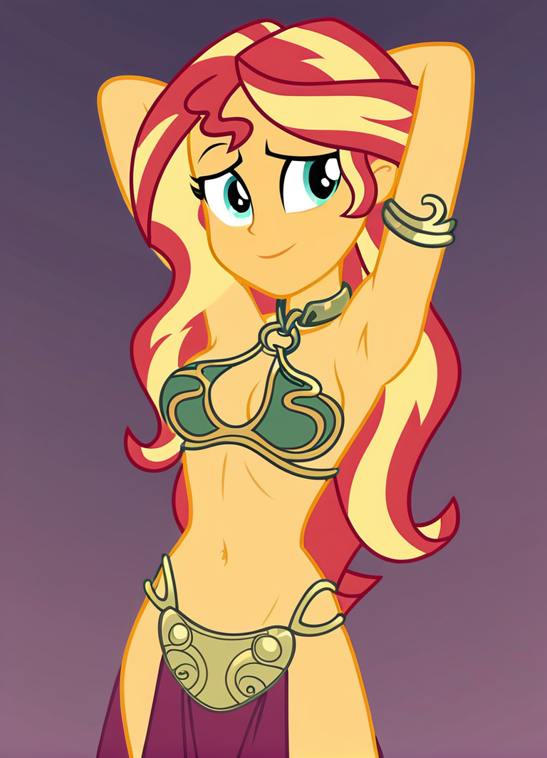 2d ai_generated aqua_eyes bikini chain_bikini chains equestria_girls female female_only human human_only humanized multicolored_hair my_little_pony pony_diffusion_xl simple_background slave slave_leia_(cosplay) solo stable_diffusion star_wars sunset_shimmer