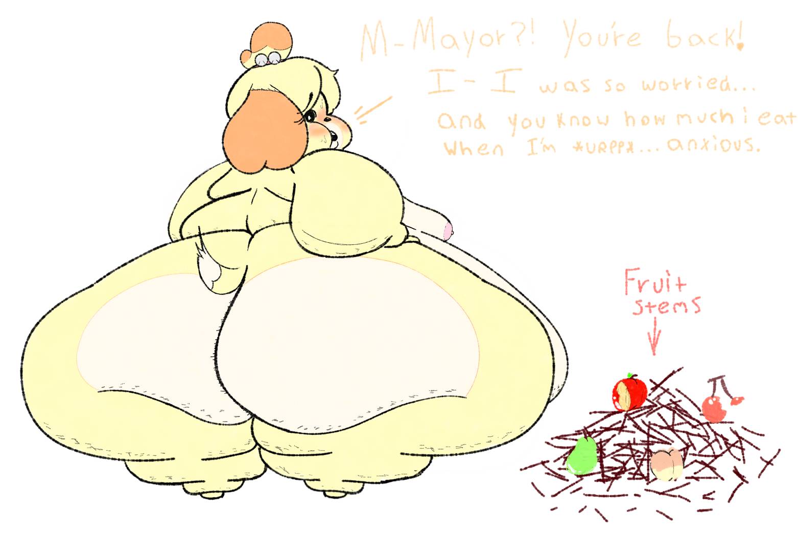 1girls animal_crossing back_view fat_rolls gabbadraws isabelle_(animal_crossing) obese_female ssbbw talking text