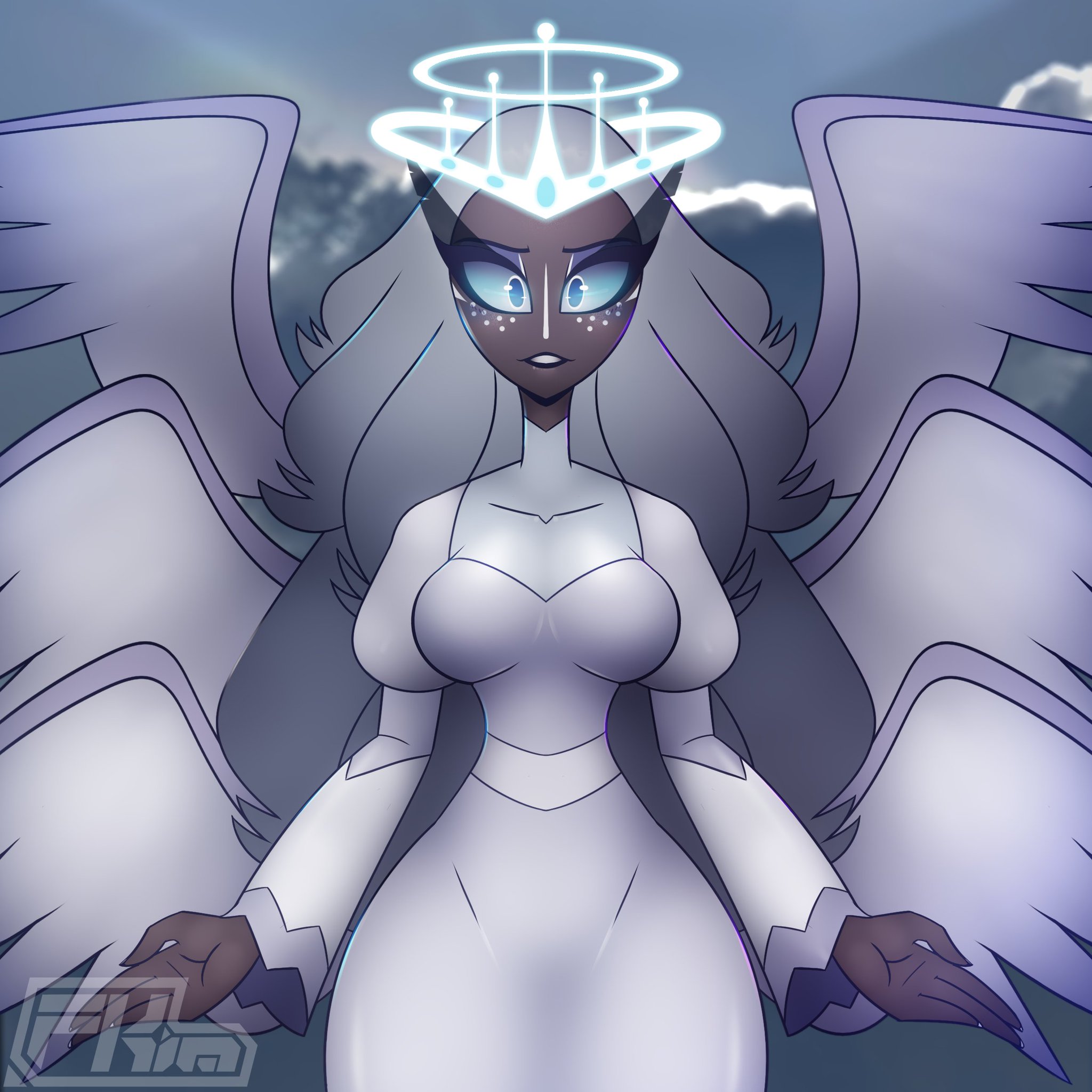 1girls, angel, angel wings, big breasts, blue eyes, breasts, dark skin, dark-skinned female, female, female only, fkimnsfw, freckles, freckles on face, grey hair, halo, hazbin hotel, sera (hazbin hotel), solo, thick thighs, vivienne medrano, wide hips