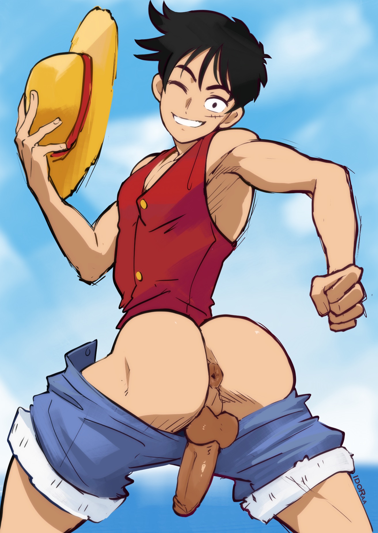 1boy, 2024, anus, ass, backsack, balls, ballsack, black eyes, black hair, gay, gay male, hat, idoraad, lilprincyvi, looking at viewer, looking back, looking back at viewer, male, male only, masculine, monkey d luffy, one piece, outdoors, outside, penis, shounen jump, smile, smiling, solo, thick ass, thick butt, wink, winking at viewer, yaoi