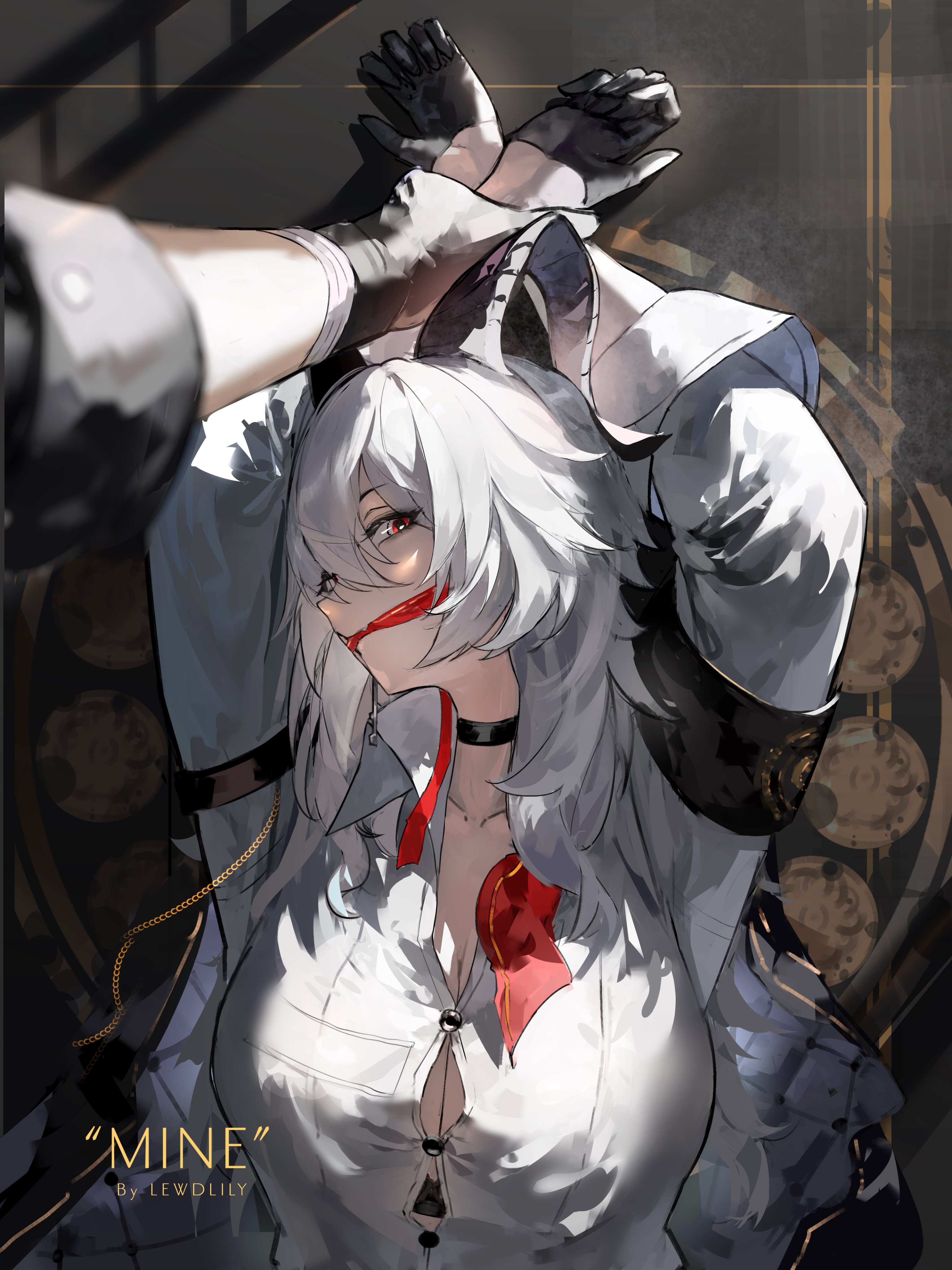 big breasts, breasts, clothed, clothing, dominant male, female, female focus, gagged, gloves, hands above head, horns, larger male, lewdlily66, male, male rover (wuthering waves), pov, red eyes, rover (wuthering waves), shorter female, smaller female, submissive female, taller male, white hair, wuthering waves, zani (wuthering waves)