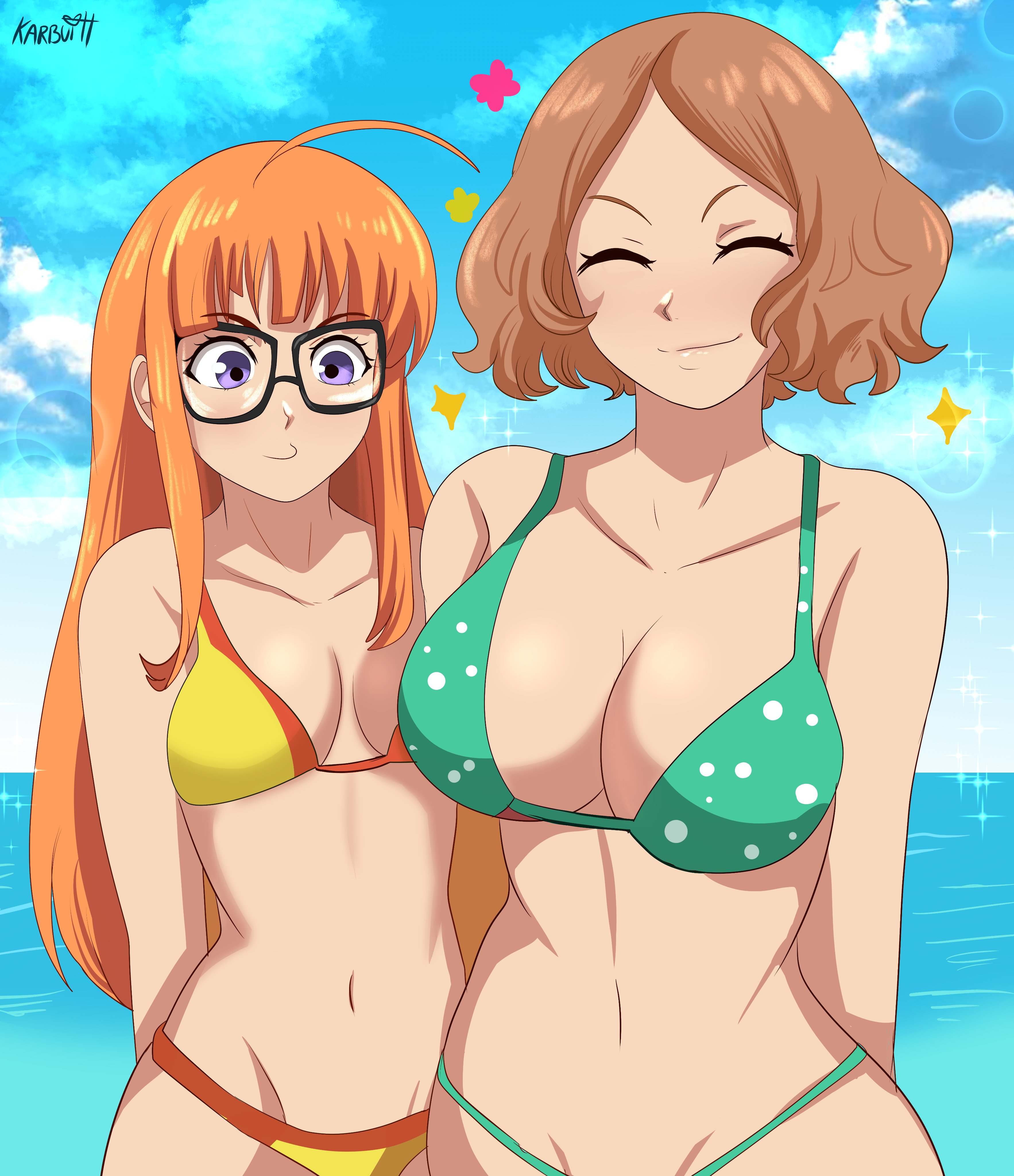 2girls, absurd res, atlus, bikini, breast envy, breast size difference, breasts, brown hair, curly hair, female, glasses, haru okumura, huge breasts, karbuitt, light skin, light-skinned female, long hair, meme, mother daughter boob envy (meme), multiple females, multiple girls, orange hair, outdoors, persona, persona 5, sakura futaba, short hair, small breasts