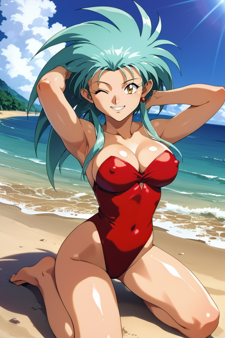 ai_generated armpits arms_behind_head barefoot beach blue_hair breasts cleavage cloud covered_navel covered_nipples cranpeach day earrings female grin highleg highleg_swimsuit humanoid jewelry kneeling large_breasts long_hair looking_at_viewer ocean one-piece_swimsuit one_eye_closed outdoors red_clothing red_leotard red_one-piece_swimsuit red_swimsuit ryoko_hakubi shiny shiny_hair shiny_skin sitting sky smile solo spiked_hair strapless strapless_leotard strapless_swimsuit swimsuit tenchi_muyo! yellow_eyes