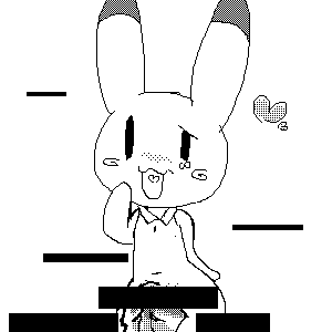 :3d animal_yokocho anthro big_penis black_ear_tips black_tipped_ears censor_bar dipped_ears female female_anthro genitals glans heart_symbol heart_tongue iyo lagomorph leporid looking_at_viewer low_res male male/female mammal nobuyuki open_mouth open_smile penis penis_between_thighs rabbit smile solo tongue