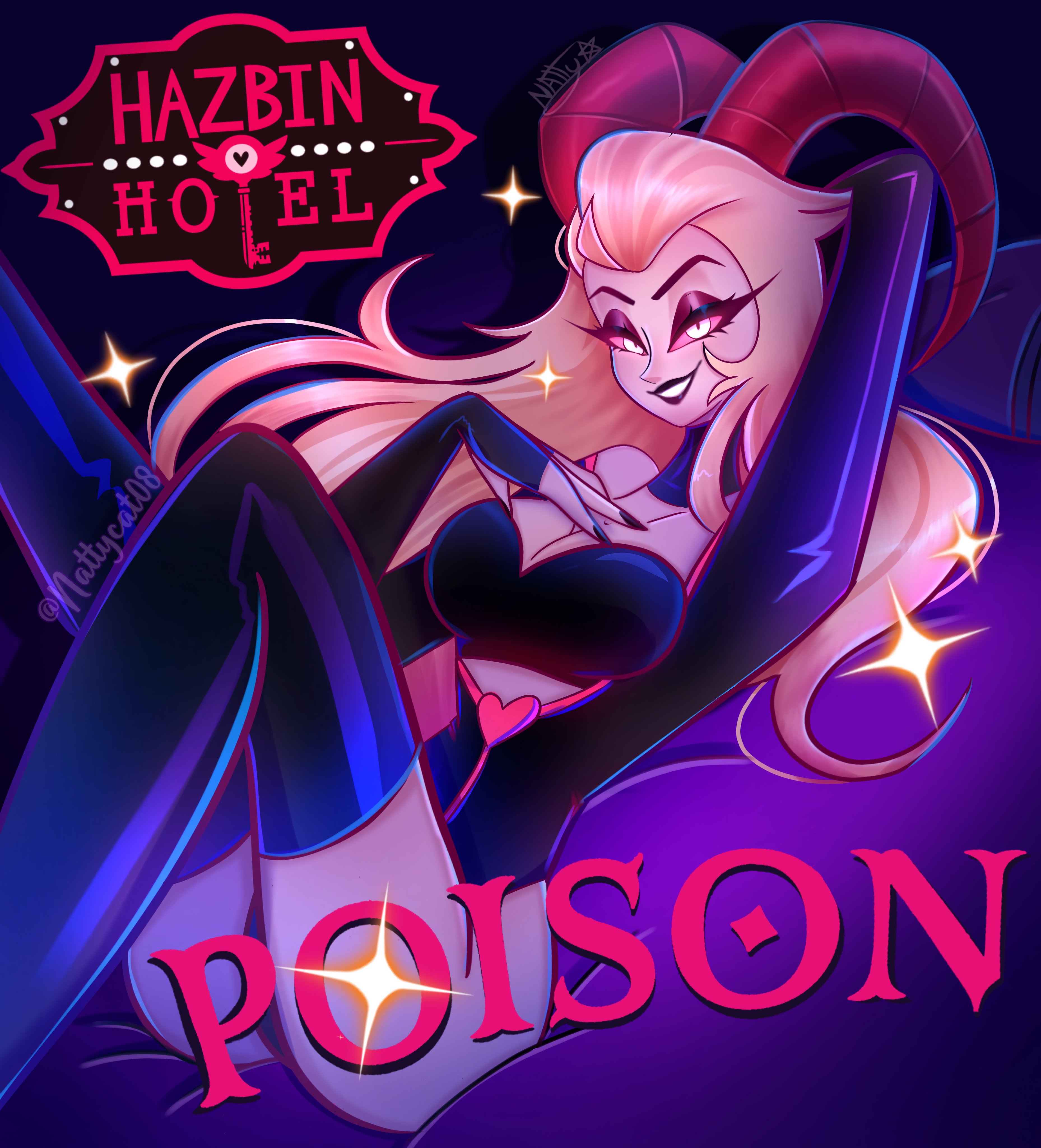 blonde hair, demon, female, fully clothed, hazbin hotel, horns, lilith morningstar (hazbin hotel), lipstick, long hair, makeup, milf, mother, nail polish, purple eyes, solo, succubus, tagme