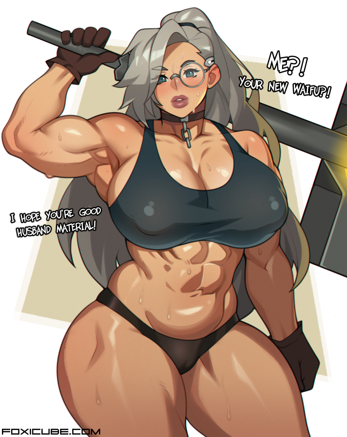 abs athletic_female big_breasts dialogue foxicube hammer looking_at_viewer muscular muscular_female sweat sweatdrop sweating tagme voluptuous_female