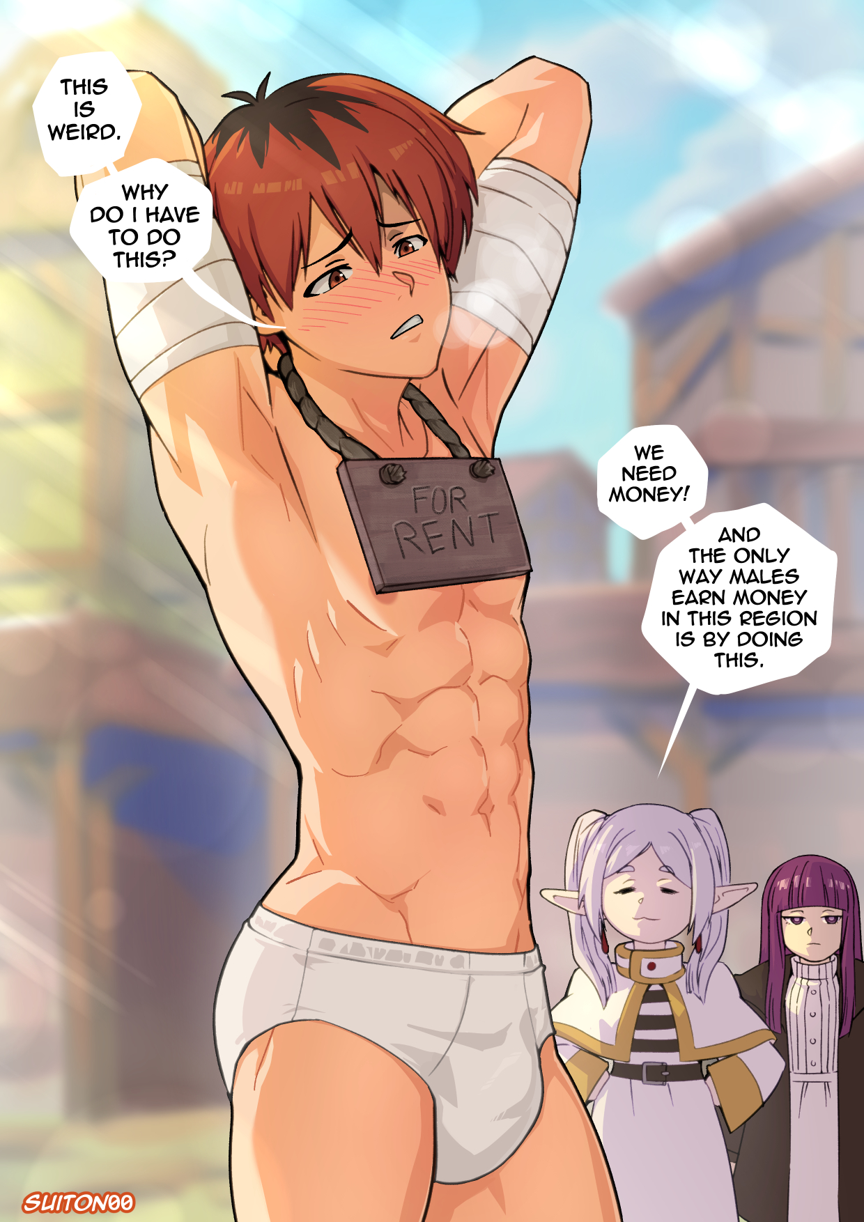 1boy, 2girls, abs, blush, dialogue, english text, female, femdom, fern (sousou no frieren), frieren, hands up, male, male focus, malesub, multiple females, multiple girls, muscular, muscular male, muscular sub, red hair, solo focus, sousou no frieren, stark (sousou no frieren), suiton, text, underwear, underwear only