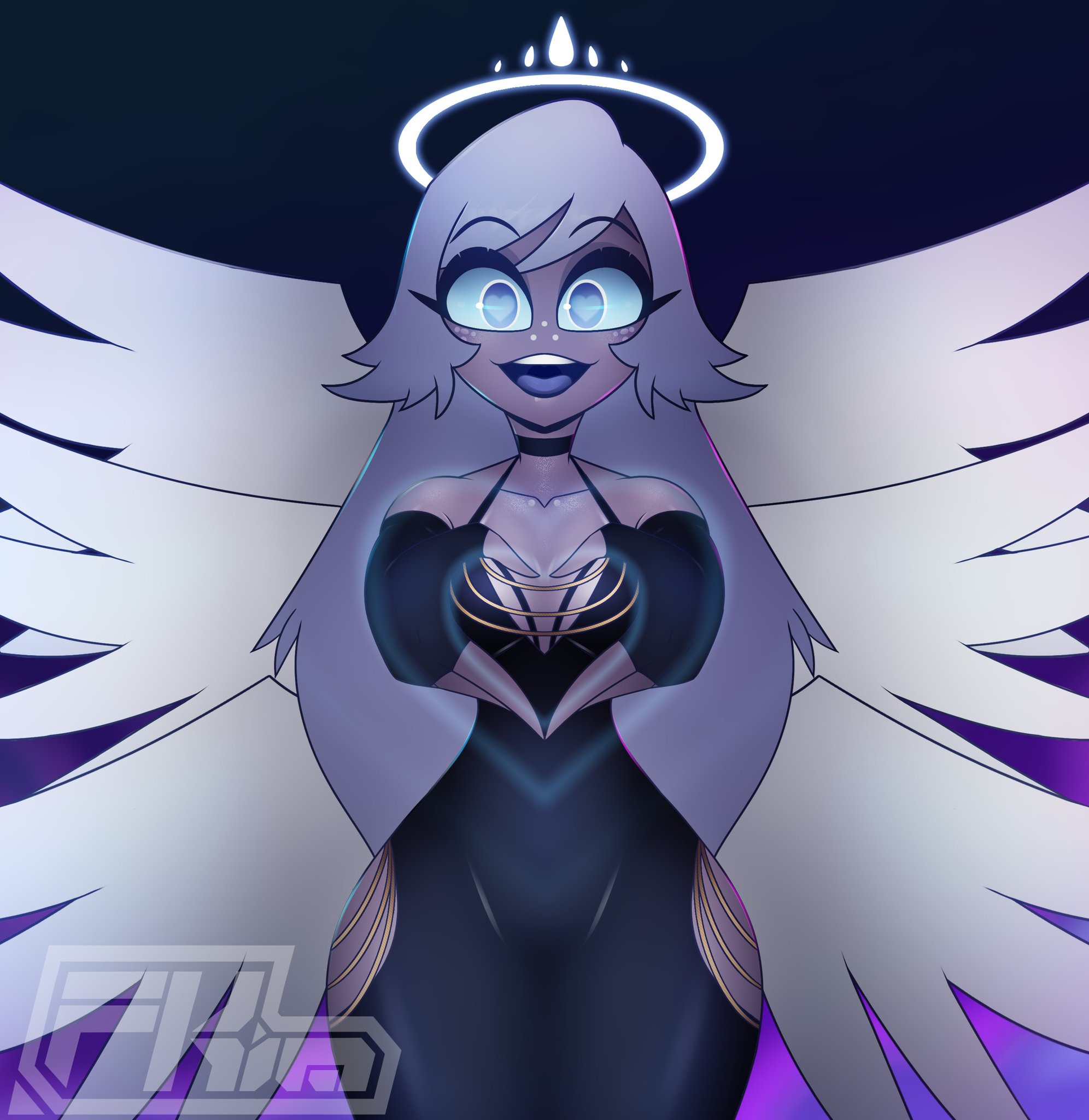 black dress, dress, emily (hazbin hotel), fkimnsfw, hand heart, hazbin hotel, modakawa dress, tagme