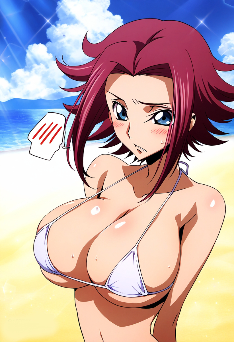 ai_generated beach_background big_breasts bikini bikini_bottom bikini_top blue_eyes cleavage code_geass dokidoki_ninja female female female_focus female_only hi_res high_resolution highres huge_breasts kallen_stadtfeld light-skinned_female perky_breasts red_hair sand small_bikini solo solo_female solo_focus thin_female water white_bikini