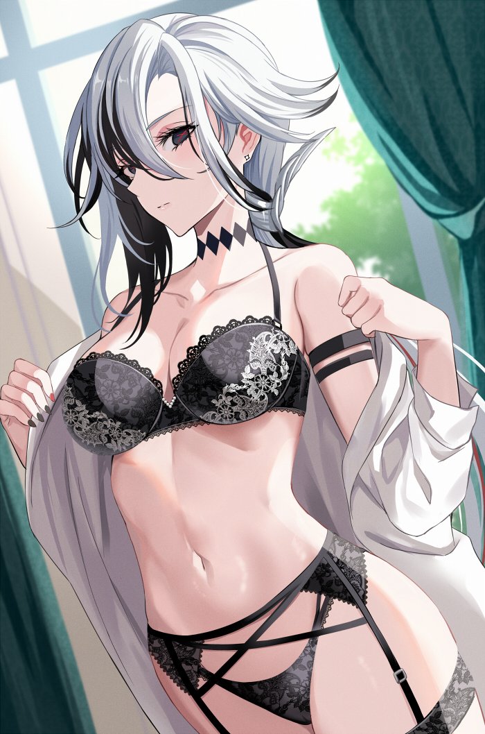 1girls arlecchino_(genshin_impact) belly_button big_breasts black_eyes black_hair black_lingerie bra cleavage curtains female female_focus female_only front_view genshin_impact harimoji hoyoverse light-skinned_female light_skin lingerie_only long_hair looking_at_viewer mature mature_female shirt_open solo solo_female standing thighhighs thong two_tone_hair white_hair window