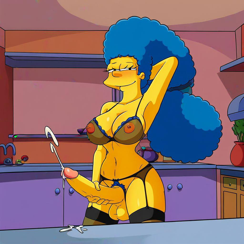 ai_generated cumshot futanari garter_belt marge_simpson milf sheer_bra stockings the_simpsons