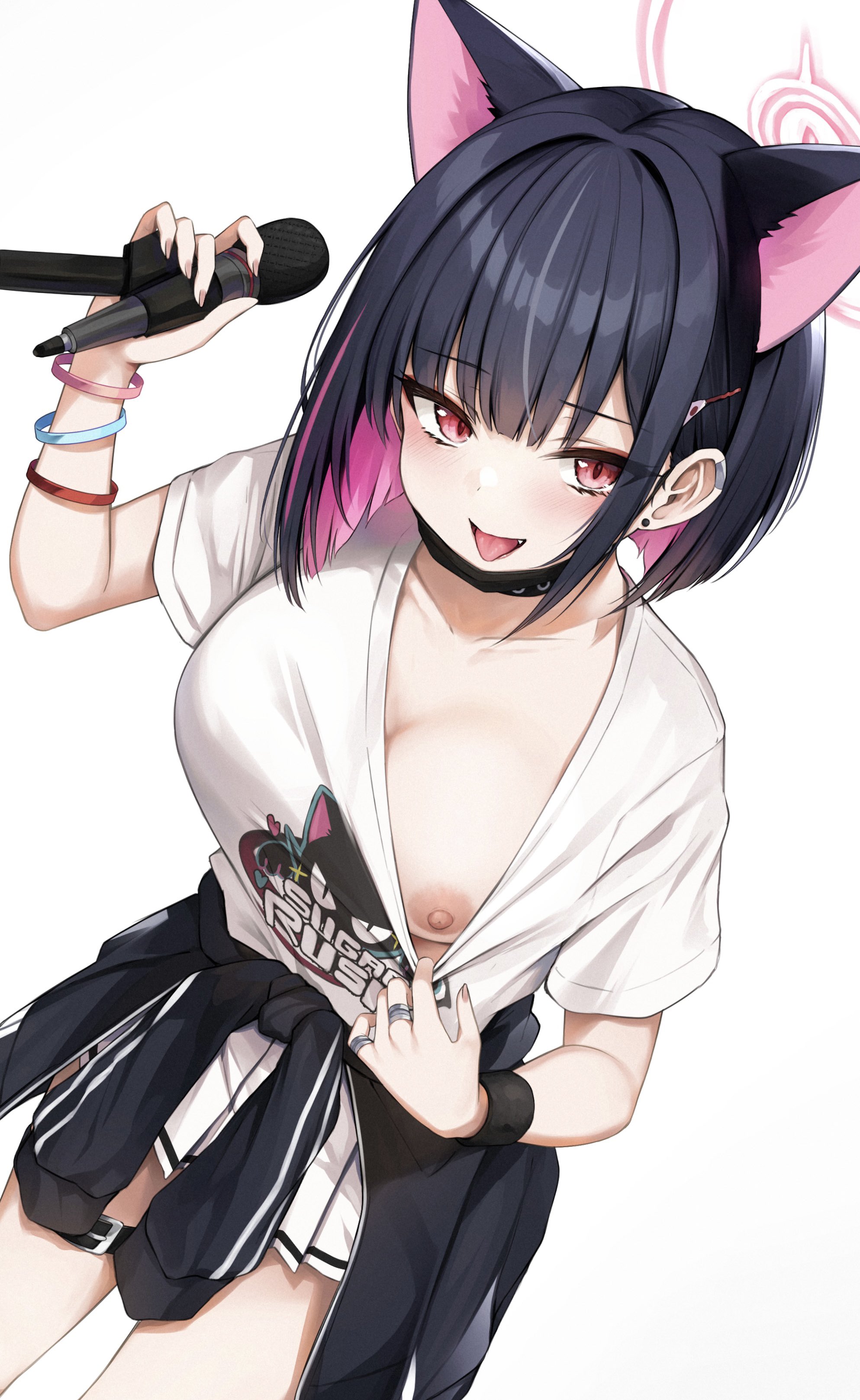 aimiuni, black hair, blue archive, boobs, breasts, cat ears, ear piercing, female, halo, kazusa (band) (blue archive), kazusa (blue archive), nipple slip, ring, showing breasts, tagme, trinity general school student