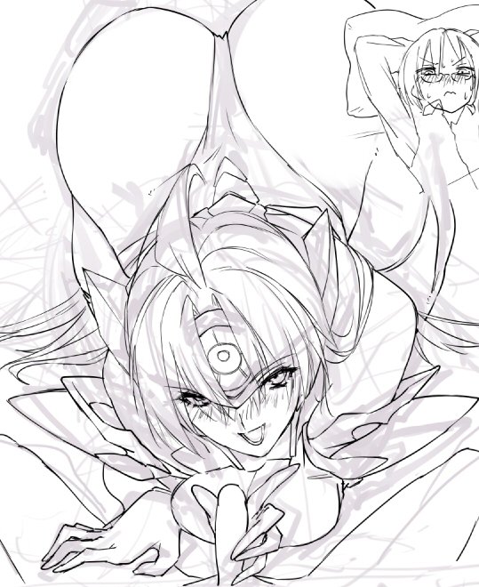 1boy all_fours ass breasts female female handjob huge_ass large_breasts leotard long_hair masturbation monochrome negresco penis sketch smile solo straight t-elos thong_leotard xenosaga