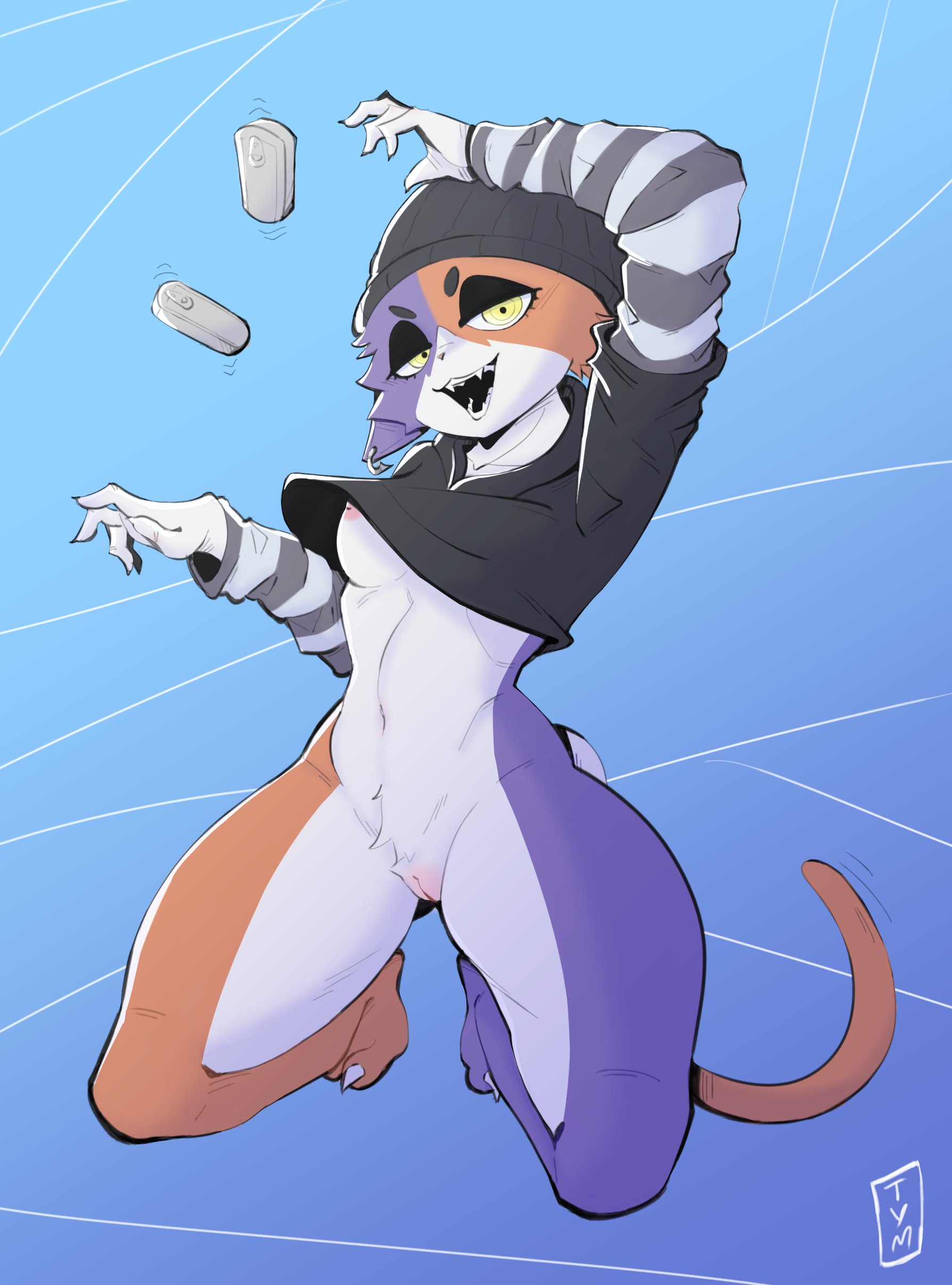 absurd res, anthro, ass, beanie, bottomless, breasts, clothed, clothing, ear piercing, ear ring, epic games, felid, feline, female, fortnite, hat, headgear, headwear, hi res, mammal, medium breasts, meow skulls (fortnite), piercing, ring piercing, shirt, shirt only, solo, topwear, topwear only, toyamiye, video games
