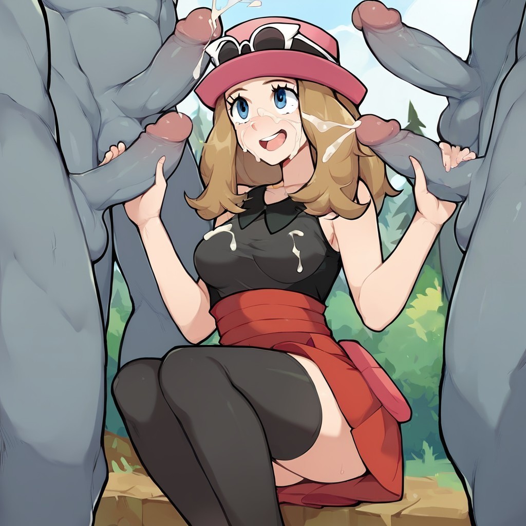 ai_generated anthro_on_human blue_eyes bukkake cumshot happy long_hair machamp male multiple_boys partial_male penis pokemon pokemon_(species) pokephilia serena_(pokemon) serena_(pokemon_games) skirt thighhighs