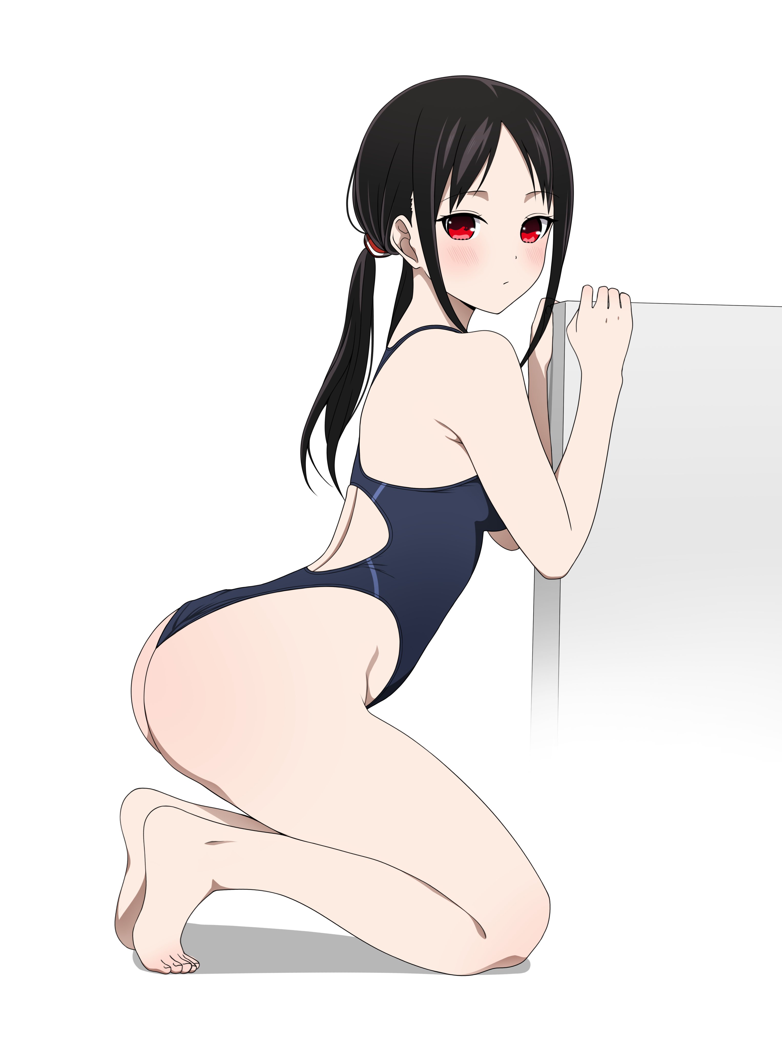 1girls, accurate art style, ass, back, bare arms, bare legs, bare shoulders, bare thighs, barefoot, black hair, blush, coro fae, feet, female, kaguya-sama wa kokurasetai ~tensai-tachi no renai zunousen~, light skin, light-skinned female, official style, one-piece swimsuit, ponytail, red eyes, school swimsuit, shinomiya kaguya, solo, solo female, swimsuit, thighs