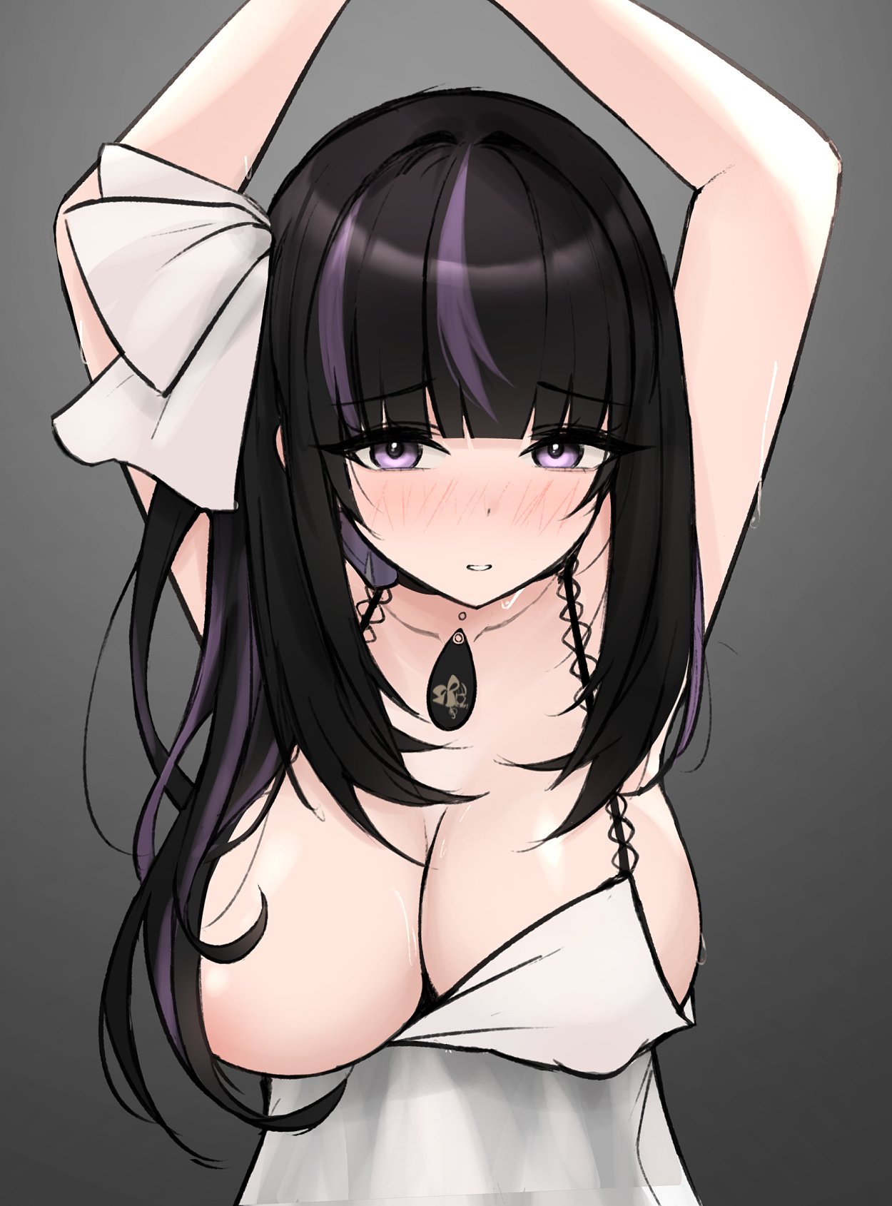 1girls arms arms_above_head arms_up bare_breasts big_breasts black_hair blush breasts exposed_breasts hair_ribbon hi_res highres indie_virtual_youtuber k_(m_r_b/nkmmktwt/ꓘ) looking_at_viewer necklace one_breast_out ririsya side_ponytail solo solo_female solo_focus sweat two_tone_hair upper_body violet_eyes violet_hair virtual_youtuber