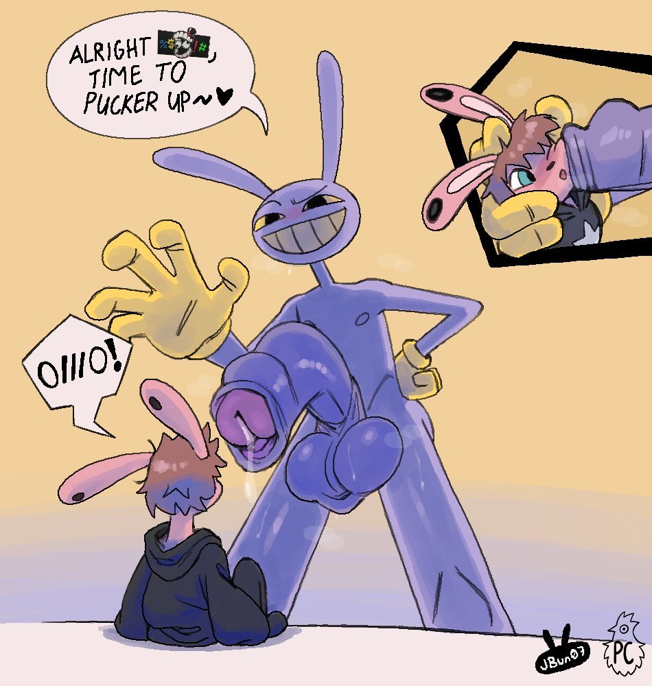 2boys, balls, big balls, big penis, brown hair, bunny ears, foreskin, gay, giant, glitch productions, green eyes, homosexual, jax (the amazing digital circus), jbun07, male, penis, penis bigger than body, pimeconechicken, purple skin, sweat, tagme, text, the amazing digital circus, uncircumcised, uncut, yellow eyes