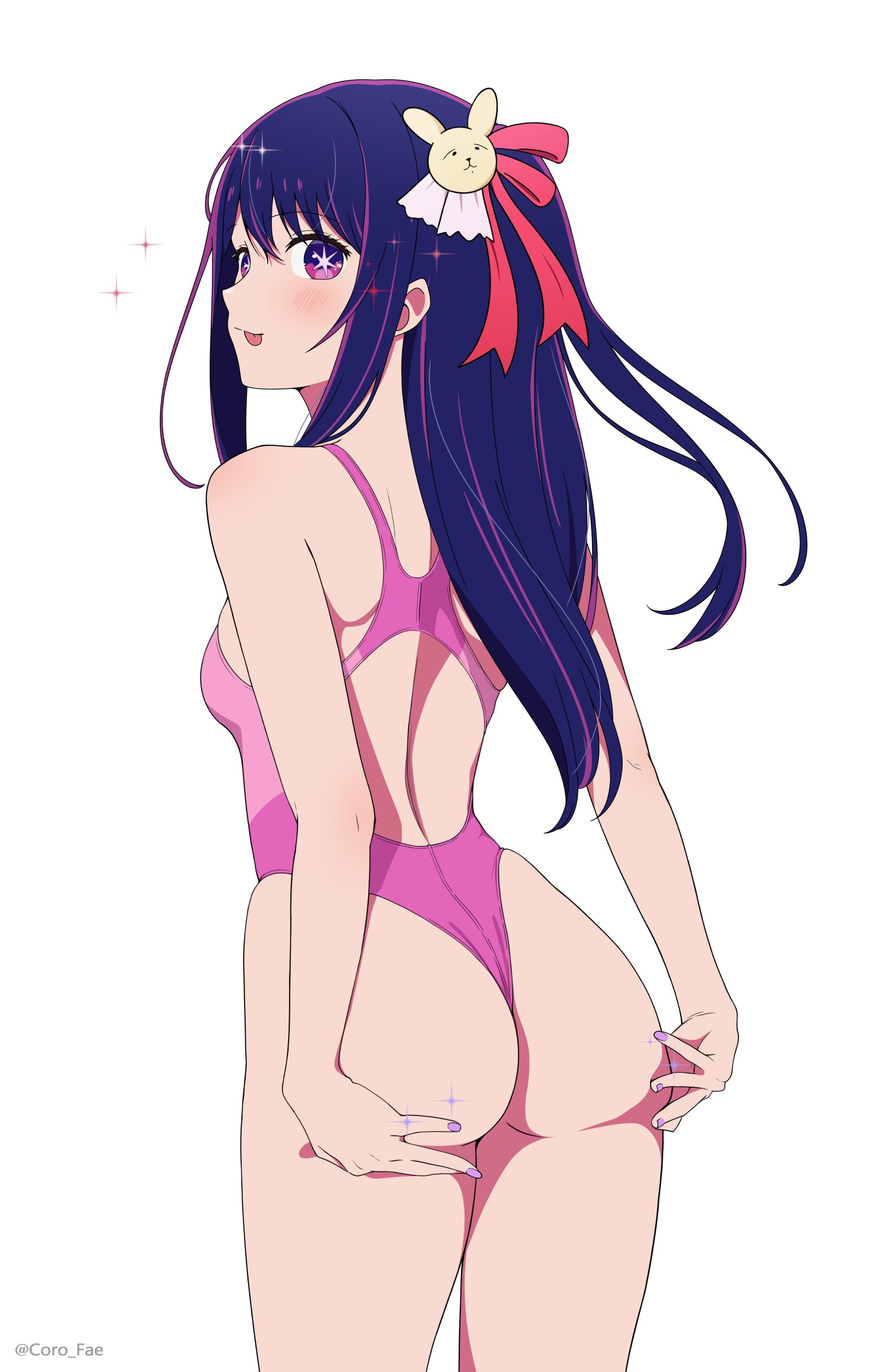 ass, back, back view, bare legs, bare shoulders, bare thighs, big ass, blush, breasts, competition swimsuit, coro fae, female, hand on ass, hoshino ai, long hair, nail polish, one-piece swimsuit, oshi no ko, purple hair, star eyes, swimsuit, tape, thighs, tongue, tongue out