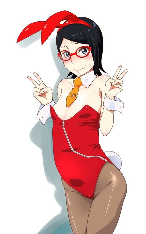 1girls, black eyes, black hair, blush, breasts, bunny ears, bunny girl, bunnysuit, cameltoe, double v, erect nipples, female, gesture, glasses, naruto, naruto (series), nervous, nipples, pantyhose, pose, pussy, sarada uchiha, short hair, small breasts, smile, solo, standing, sunahara wataru, tie, v, wavy mouth
