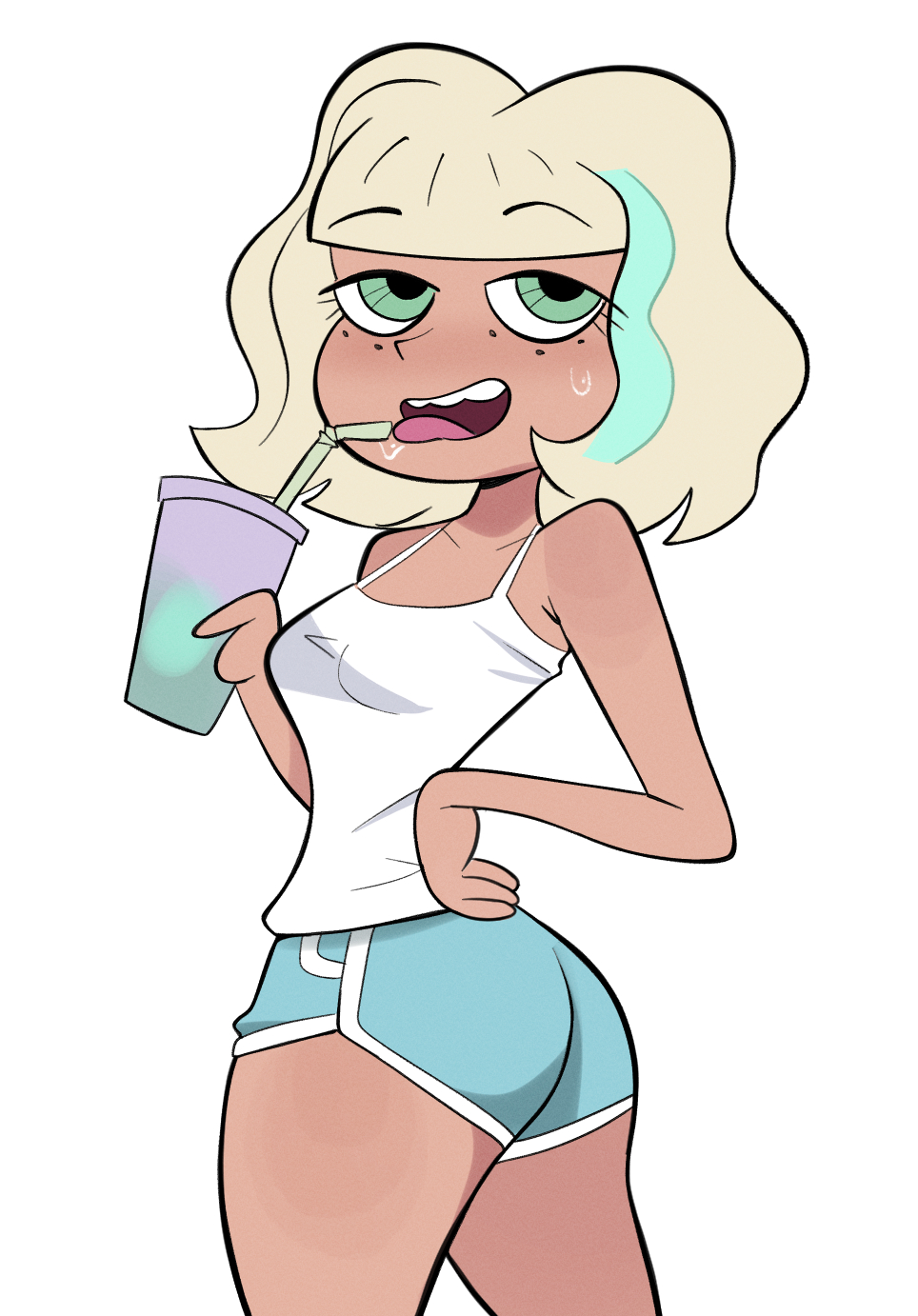 1girls, 2024, aqua eyes, aqua hair, ass, bangs, beverage, blonde hair, blue shorts, bottomwear, breasts, clothed, clothed female, clothes, clothing, disney, disney channel, disney xd, dolphin shorts, eyelashes, female, freckles, freckles on face, fully clothed, green eyes, hair, hand on hip, human, jackie lynn thomas, licking, light skin, light-skinned female, looking at viewer, medium breasts, medium hair, multicolored hair, newguy1091, open mouth, pose, posing, saliva, saliva drip, shirt, shorts, side view, simple background, smile, smiling, smiling at viewer, solo, standing, star vs the forces of evil, straw, sweat, sweatdrop, tan-skinned female, tank top, teeth, thighs, tongue, tongue out, topwear, two-tone hair, white background, white female, white shirt
