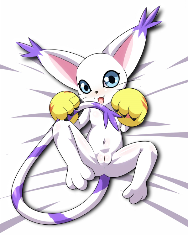 bed_sheet blue_eyes digimon digimon_(species) furry gatomon gloves heigako pussy smile spread_pussy tailmon tongue