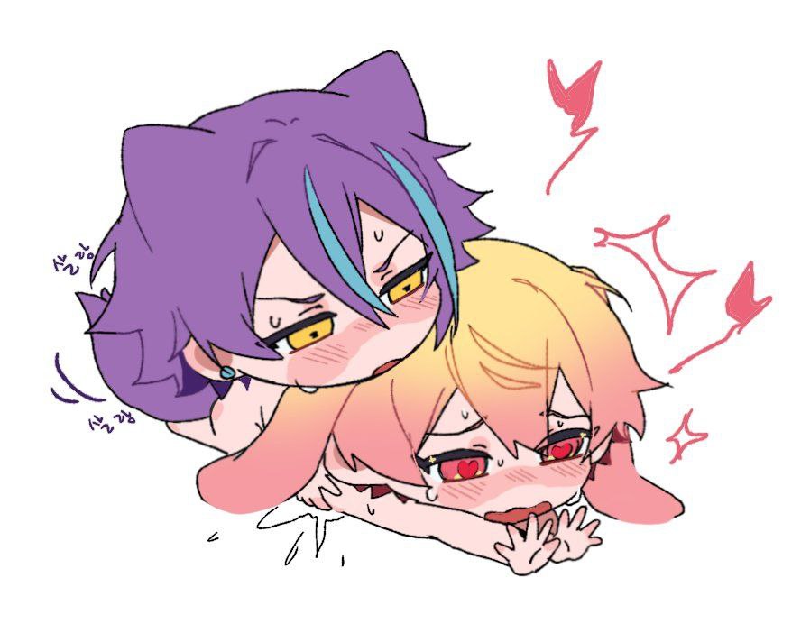 adorable, blonde hair, bunny ears, cat ears, chibi, chibi style, cute, erotic chibi, heart-shaped pupils, kamishiro rui, male, naked, project sekai, purple hair, tenma tsukasa, yaoi