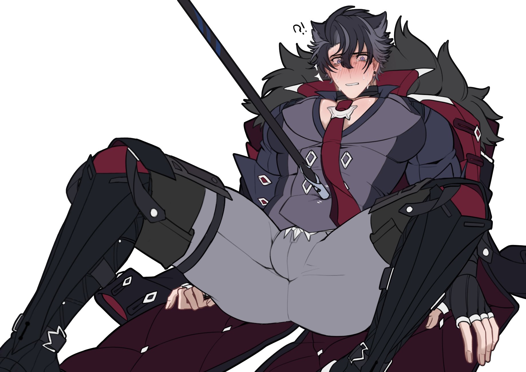 1boy, bulge, bulge through clothing, clothed, gay, genshin impact, juju eateatuwu, male, male only, malesub, solo, solo male, spread legs, wriothesley (genshin impact), yaoi
