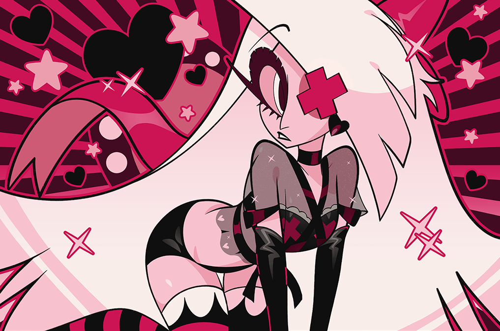 1girls, armwear, bra, female, hazbin hotel, legwear, looking at viewer, official art, panties, solo, tagme, thighhighs, vaggie (hazbin hotel)