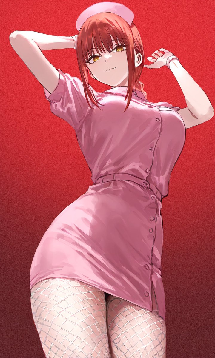 1girls, artist request, big breasts, breasts, chainsaw man, clothed female, female, female only, fishnets, long hair, makima (chainsaw man), nurse, nurse uniform, red hair, simple background, smile, smiling, thick thighs, yellow eyes